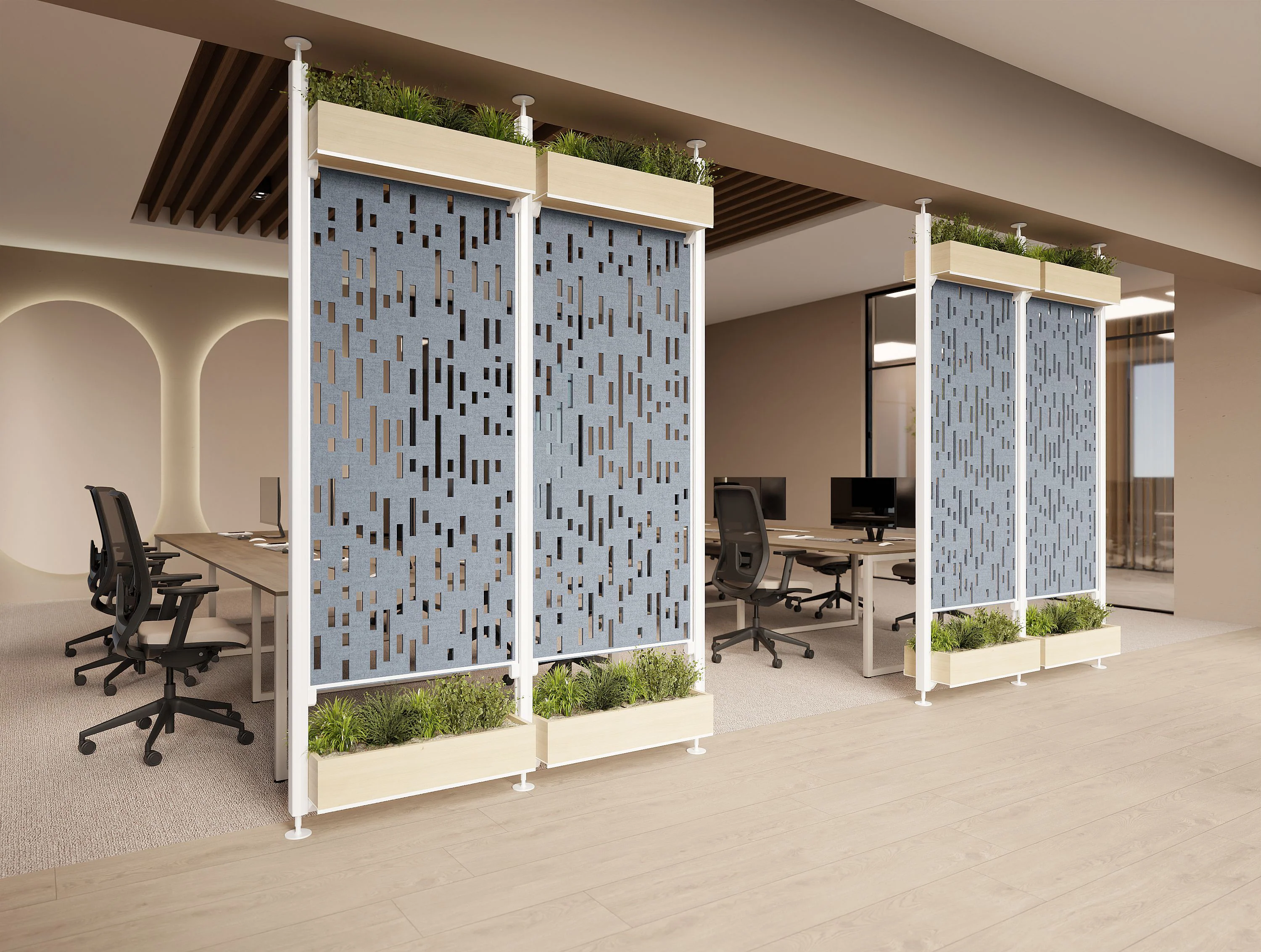 Modular workplace panels adjusting spacing for habit-friendly flow